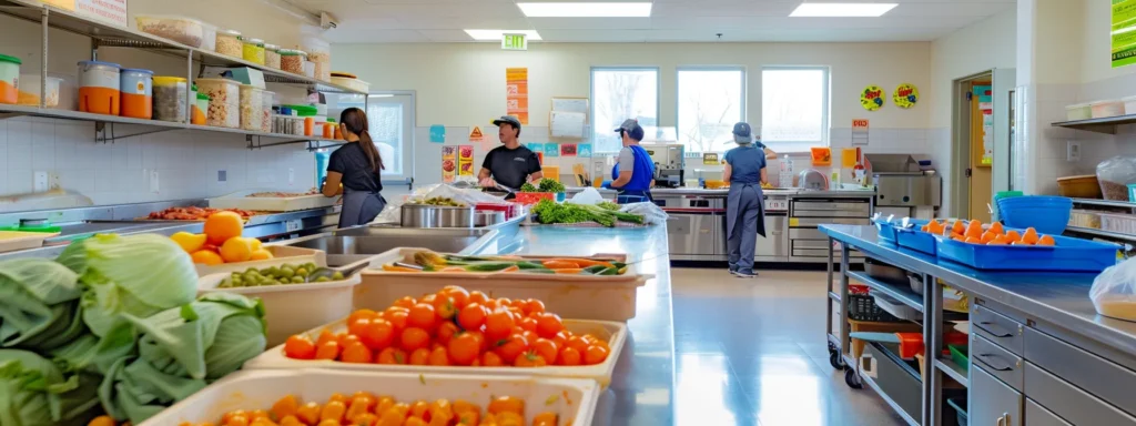 Brightly lit daycare kitchen with fresh produce and staff preparing nutritious meals.