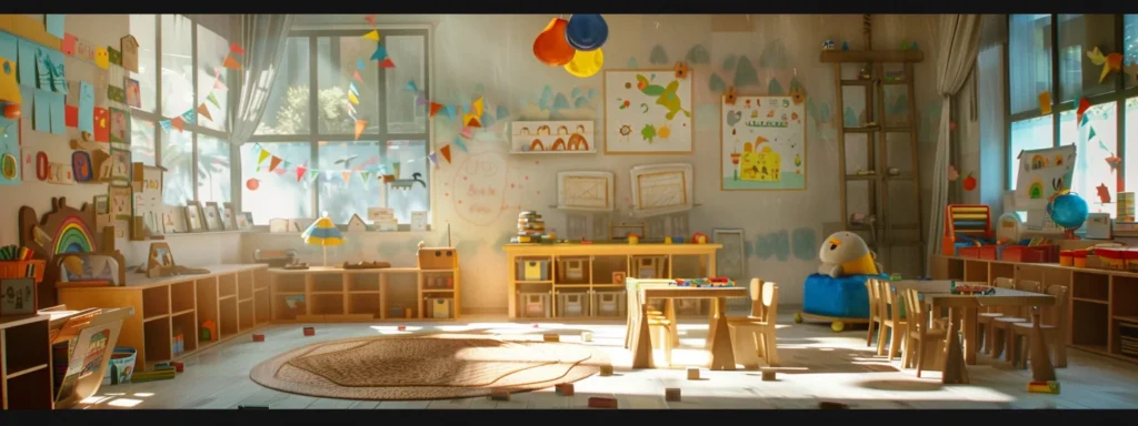 Brightly lit Luv-N-Care daycare classroom with organized learning spaces and children's toys.