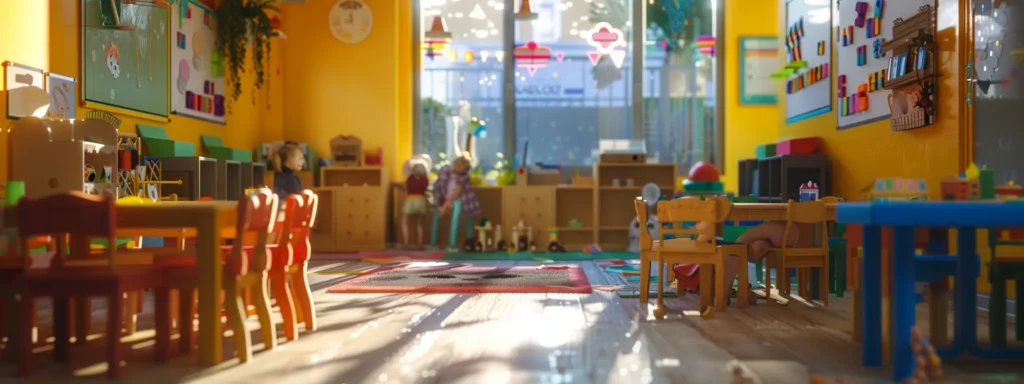 Brightly lit Luv-N-Care Learning Center classroom and play area with children and colorful decor.