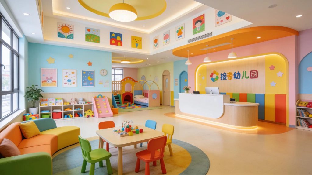 a brightly lit, modern daycare center reception area features colorful decor and cheerful artwork, with open spaces showcasing various care facilities designed for children, reflecting a balance of affordability and quality.