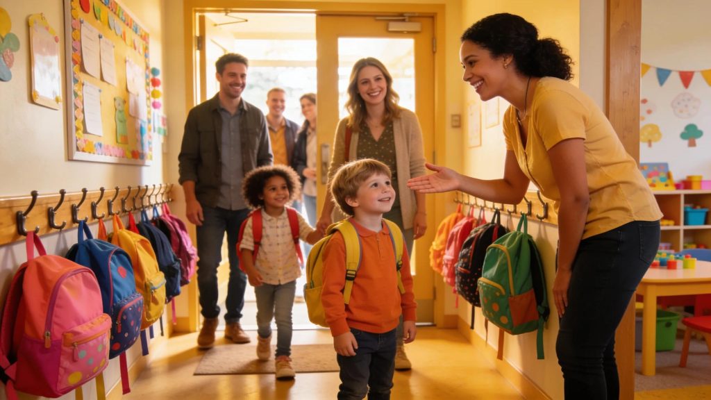 a cozy, well-organized daycare entrance bustling with smiling parents and children, where colorful backpacks are lined up neatly and a welcoming staff member greets families, setting a warm atmosphere for transitioning young ones into their new environment.