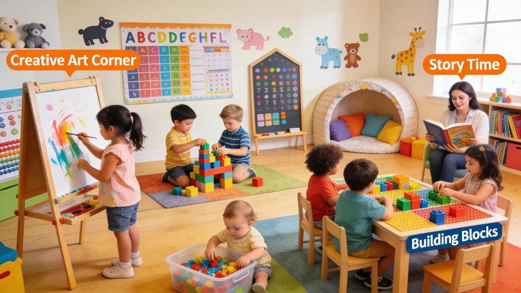 a vibrant and inviting daycare center interior showcases children engaged in various learning activities, with colorful educational materials and playful decor, emphasizing the diversity of childcare options available.