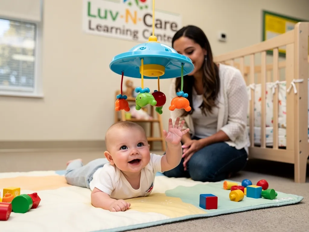 an infant surrounded by colorful toys, reaching out to touch a bright, musical mobile in