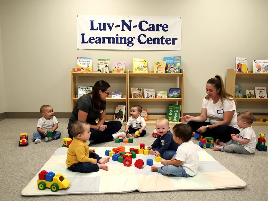 a group of infants engaged in various activities, surrounded by colorful toys and attentive caregivers,