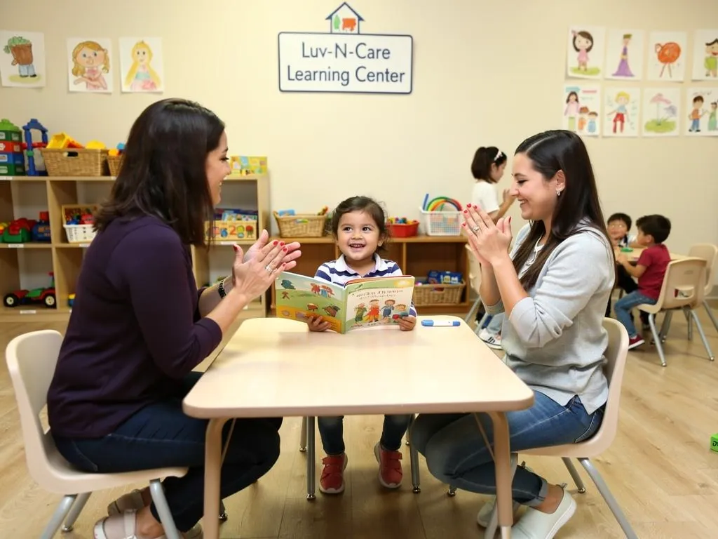 a smiling toddler holding a colorful picture book while a teacher claps and cheers in