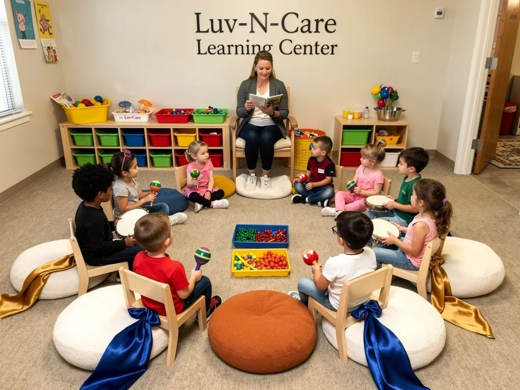 a group of children engaged in lively storytelling and music activities, surrounded by colorful sensory