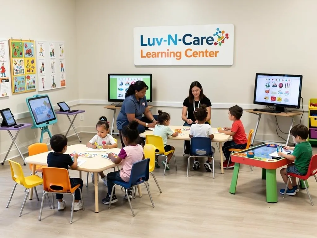 a modern, spacious preschool classroom filled with digital learning tools and interactive play stations, showcasing