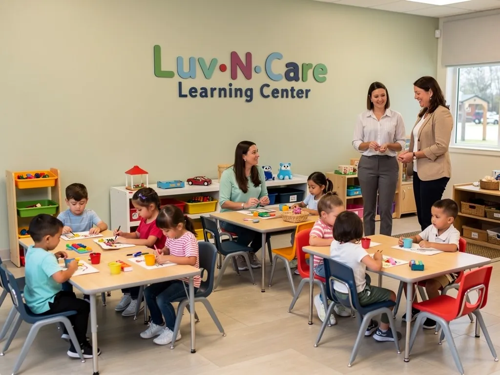 a brightly lit, modern preschool classroom showcases colorful learning materials and engaged children participating in