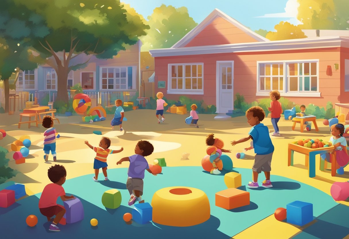 Children playing in a colorful, sunlit daycare yard with toys scattered around and a teacher supervising