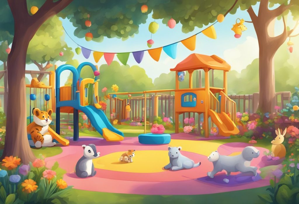 A colorful and vibrant daycare playground with toys, swings, and a cozy reading nook surrounded by blooming flowers and friendly animals