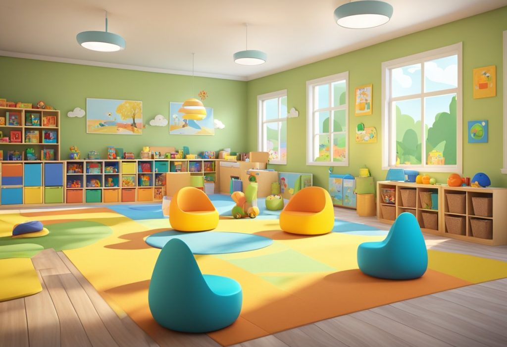 A colorful and inviting daycare room with toys, books, and cozy seating areas. Bright, natural light streams in through large windows, creating a warm and welcoming atmosphere