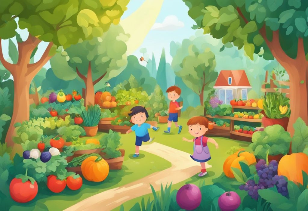 A colorful, vibrant garden with fresh fruits and vegetables growing, surrounded by happy, healthy animals and children playing