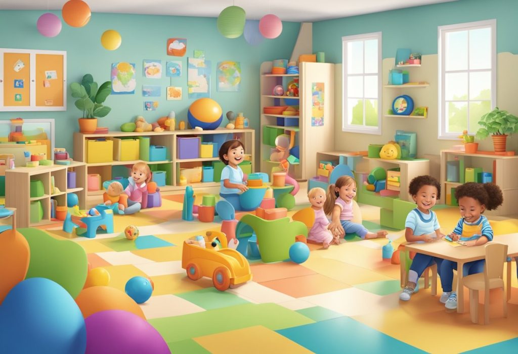 Children playing happily in a colorful and inviting daycare center, surrounded by toys, books, and nurturing caregivers